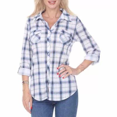White Mark Oakley Plaid Womens 3/4 Sleeve Roll Tab Regular Fit Stretch Fabric Button-Down Shirt