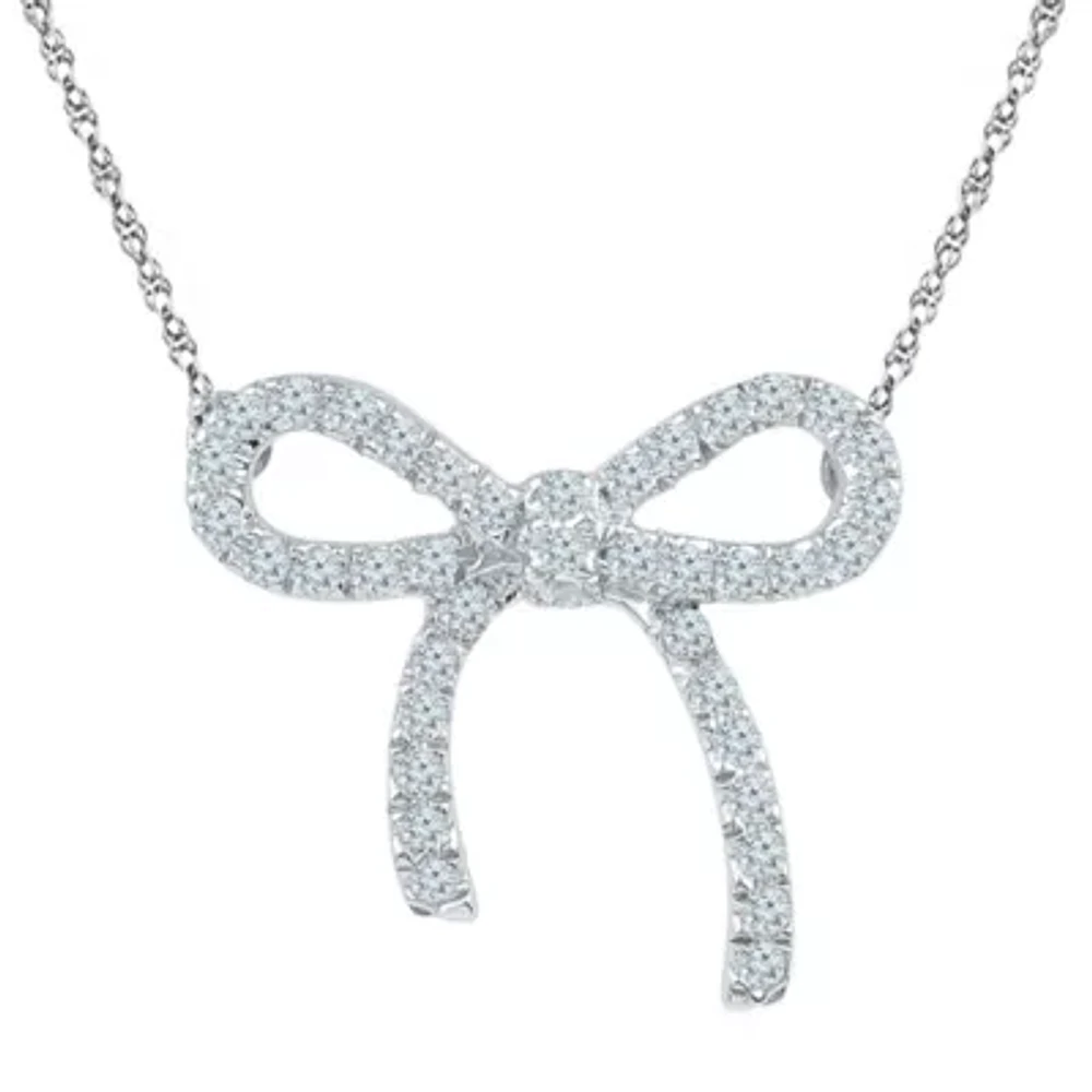 Womens 1/ CT. T.W. Natural White Diamond Sterling Silver Bow 18 Inch Pendant Necklace