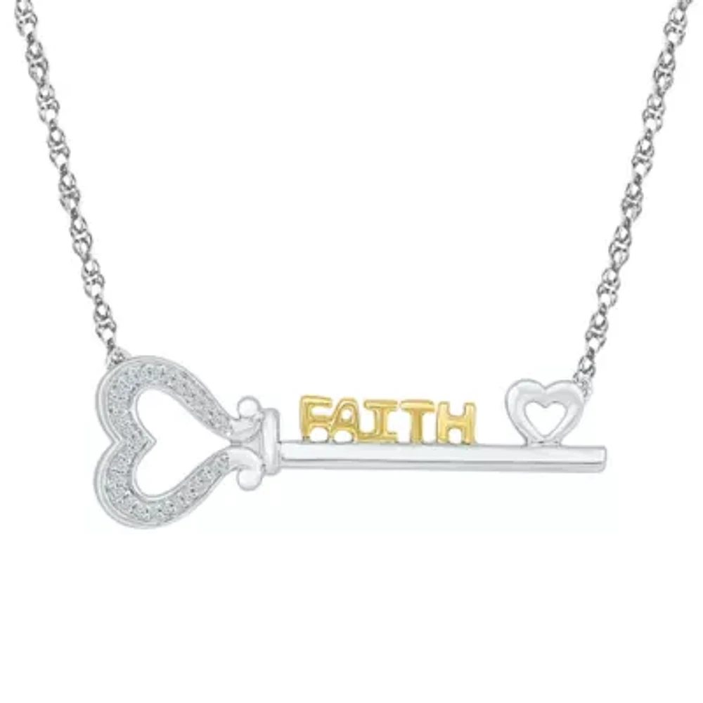 "Faith" Womens Diamond Accent Natural Diamond 10K Gold Over Silver Heart Keys 18 Inch Pendant Necklace