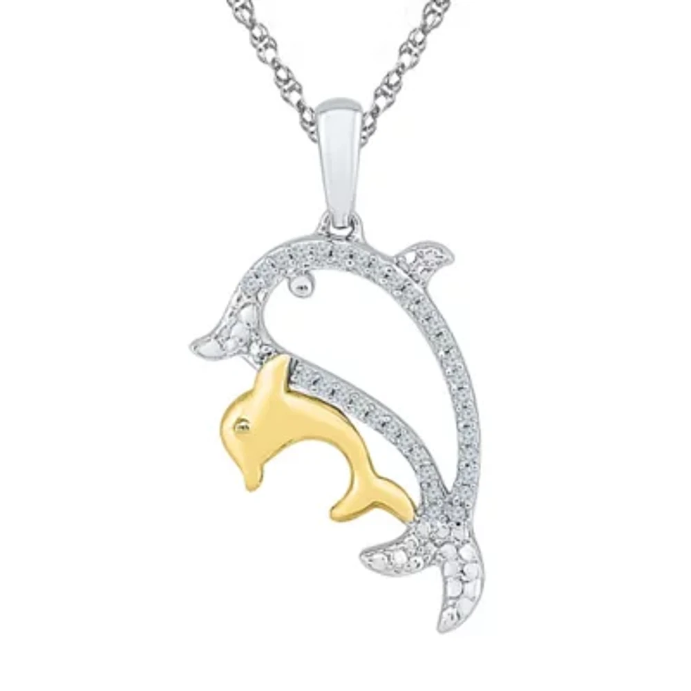 "Mother And Daughter" Dolphin Womens 1/10 CT. T.W. Natural White Diamond 10K Gold Over Silver 18 Inch Pendant Necklace