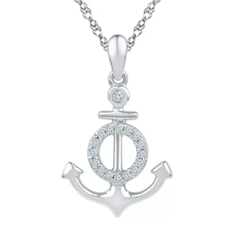 Womens 1/10 CT. T.W. Natural White Diamond Sterling Silver Anchor 18 Inch Pendant Necklace