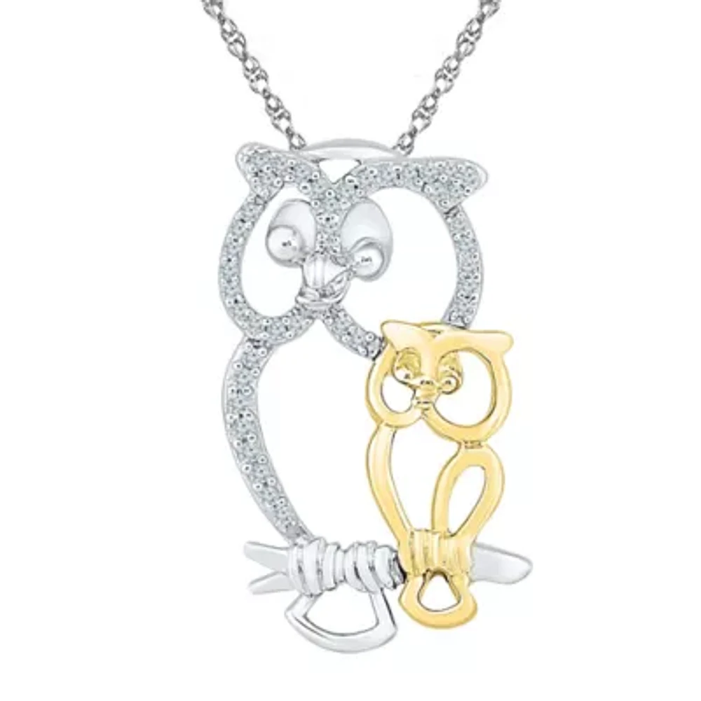 "Mother And Daughter" Owl Womens 1/10 CT. T.W. Natural White Diamond 10K Gold Over Silver 18 Inch Pendant Necklace