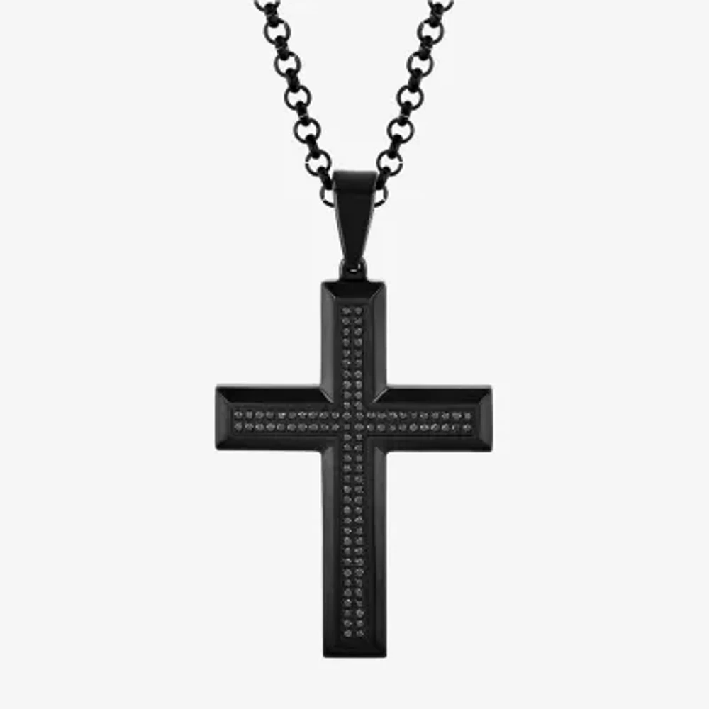 Mens 1/2 CT. T.W. Black Diamond Stainless Steel Cross 24 Inch Pendant Necklace