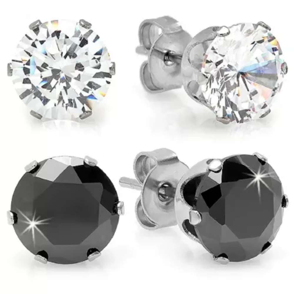 Steeltime Black Cubic Zirconia Stainless Steel 8mm Stud Earrings