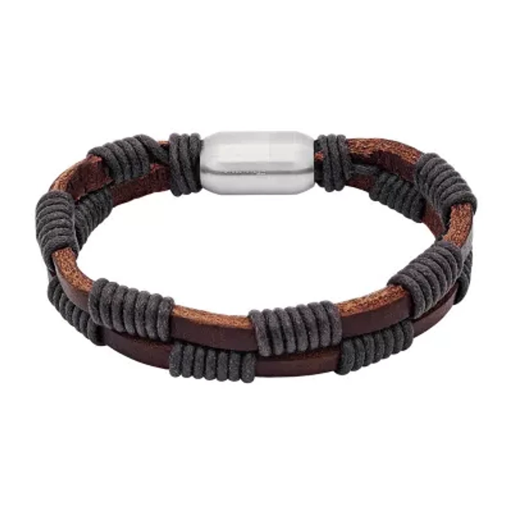 Steeltime Leather Mens Stainless Steel Solid Hypoallergenic 8 Inch Link Bracelet