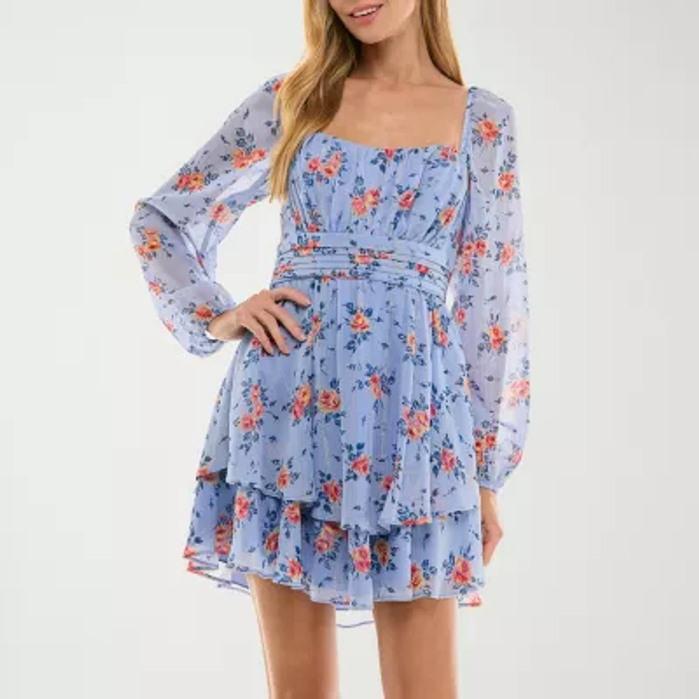 City Triangle Womens Long Sleeve Floral Juniors Fit + Flare Dress