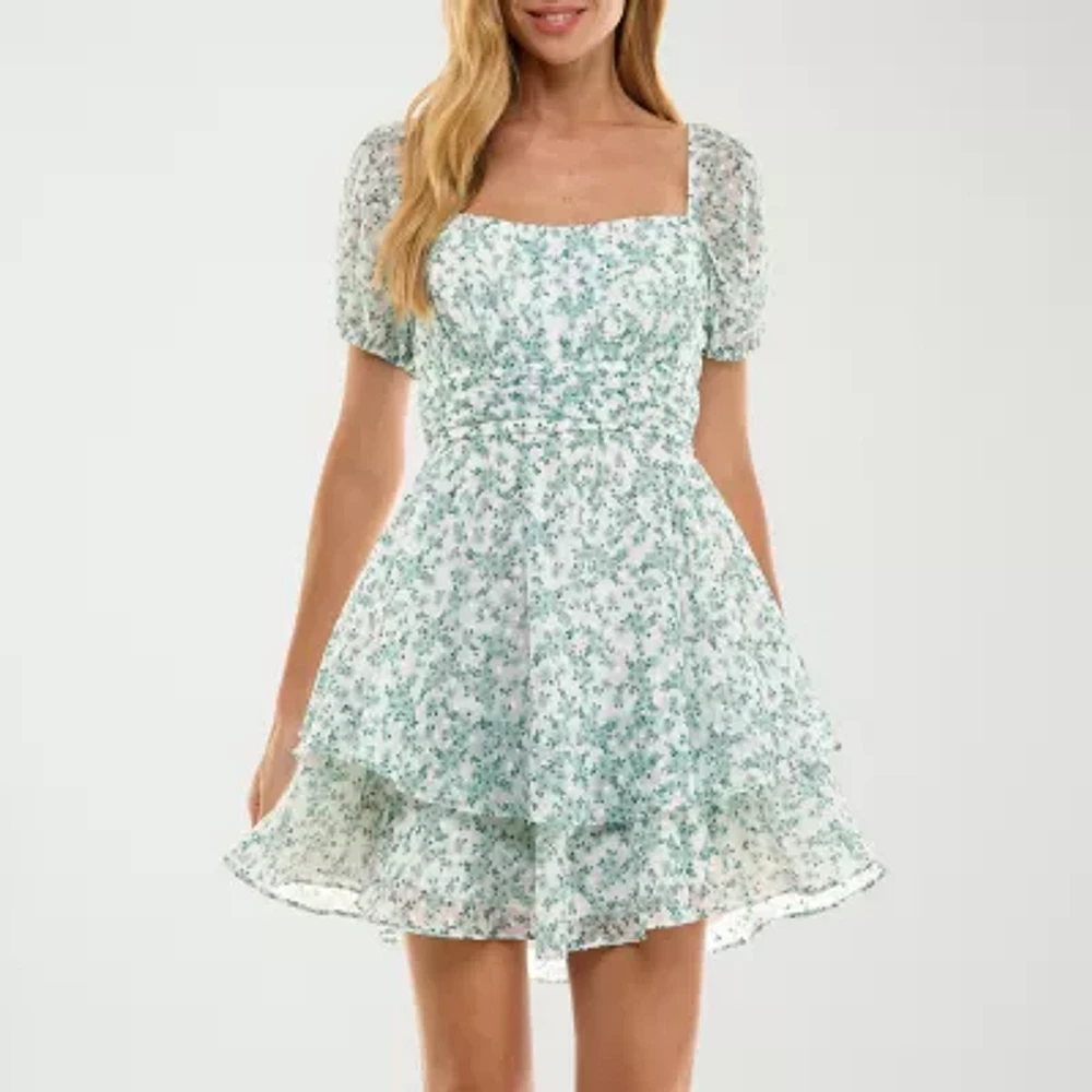 City Triangle Womens Short Sleeve Floral Juniors Fit + Flare Dress