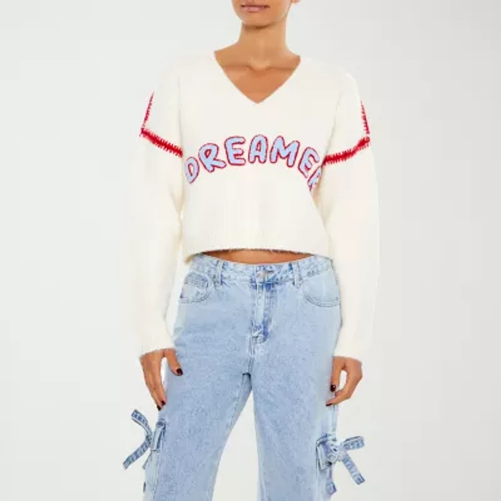 Forever 21 Juniors Dreamer Womens V Neck Long Sleeve Logo Pullover Sweater
