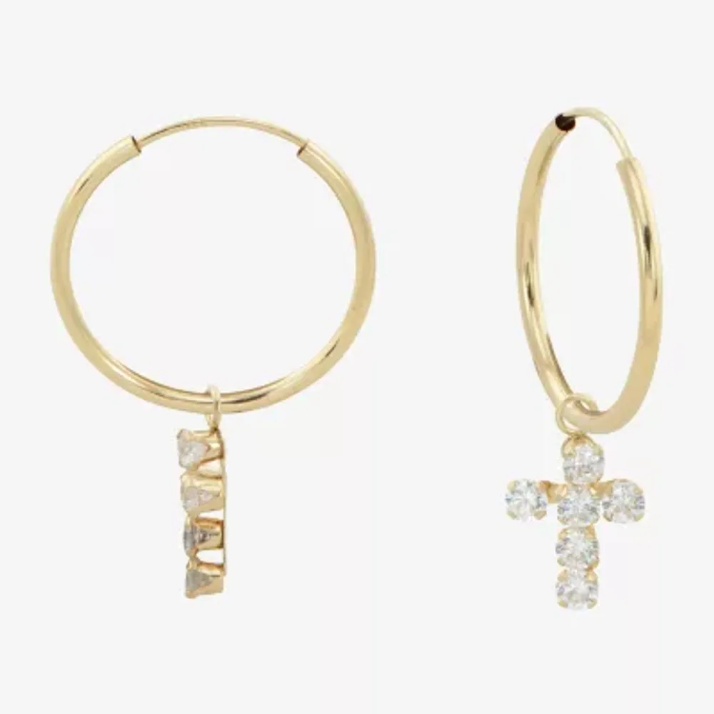 Womens Cubic Zirconia 14K Gold 18mm Cross Hoop Earrings