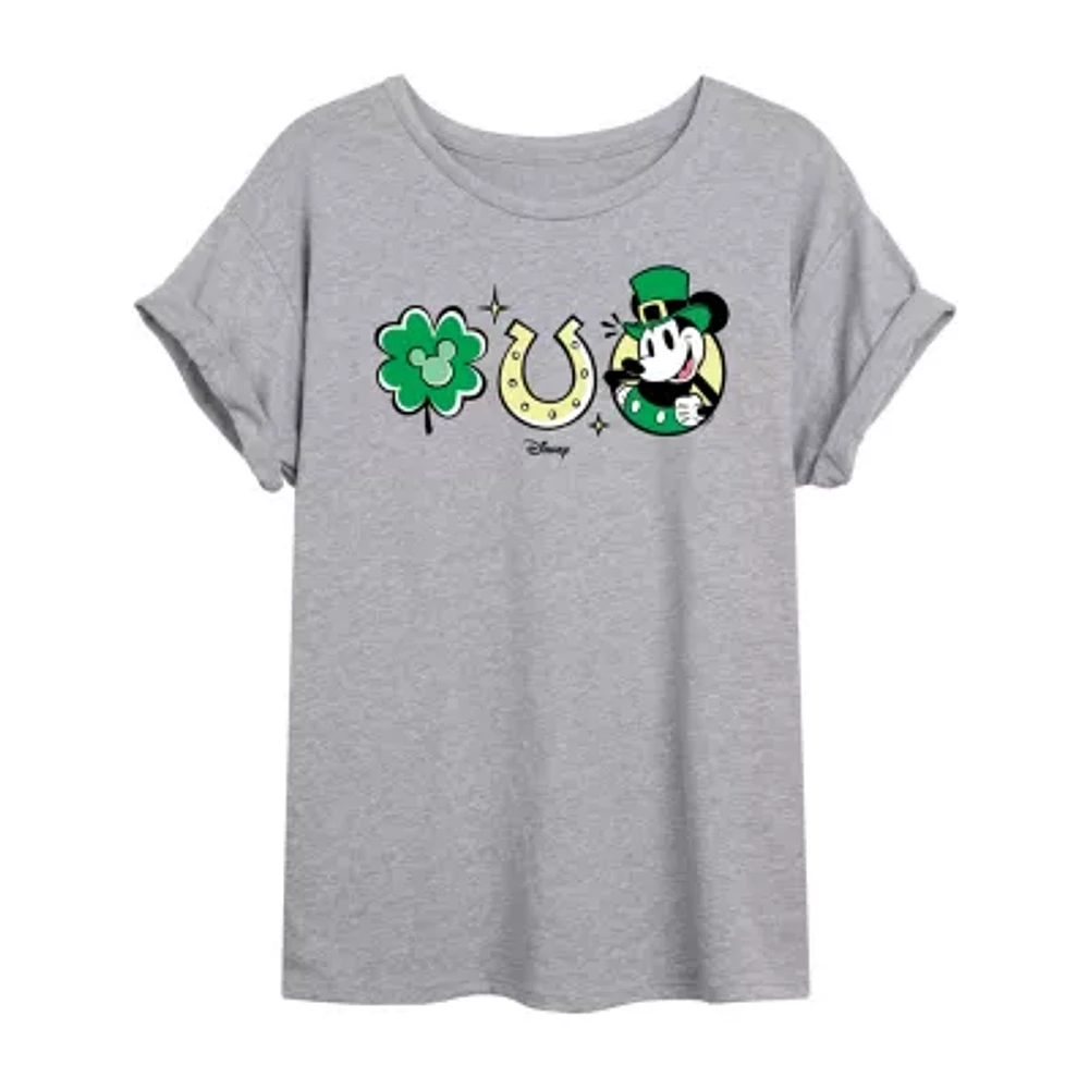 Disney Shamrock and Luck Tee Womens Crew Neck Short Sleeve Regular Fit Mickey Friends Juniors Graphic T-Shirt