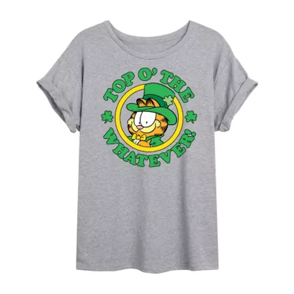 Top O' The Whatever Tee Womens Crew Neck Short Sleeve Regular Fit Garfield Juniors Graphic T-Shirt