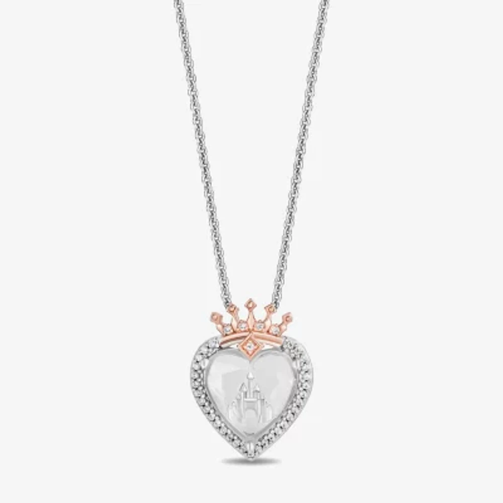 Enchanted Disney Fine Jewelry Womens 1/8 CT. T.W. Genuine White Quartz 14K Rose Gold Over Silver Sterling Silver Crown Heart 18 Inch Pendant Necklace