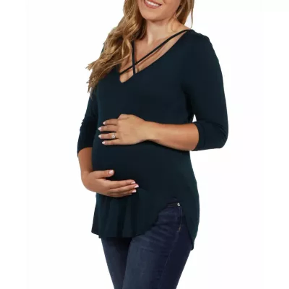 24seven Comfort Apparel Maternity Womens V Neck 3/4 Sleeve Tunic Top