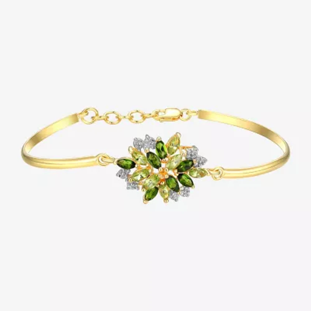 Womens Genuine Green Peridot 18K Gold Over Silver Flower Bangle Bracelet