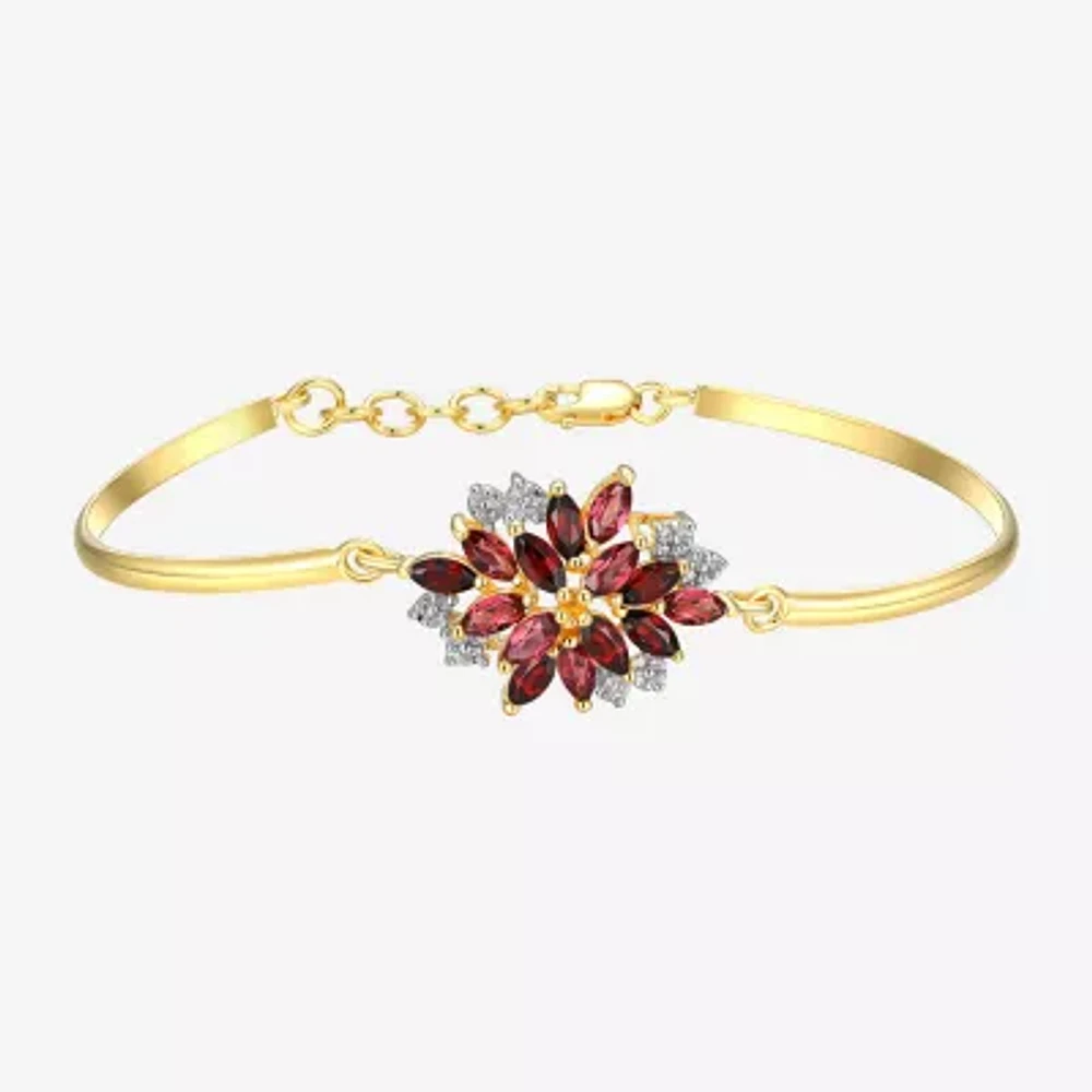 Womens Genuine Red Garnet 18K Gold Over Silver Flower Bangle Bracelet