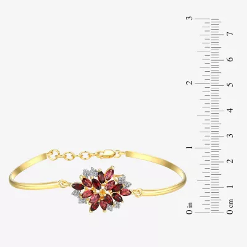 Womens Genuine Red Garnet 18K Gold Over Silver Flower Bangle Bracelet