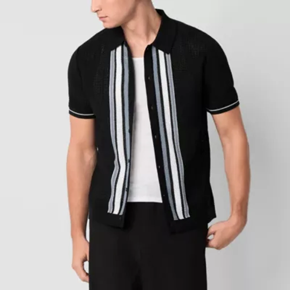 J. Ferrar Button-Front Mens Short Sleeve Pullover Sweater