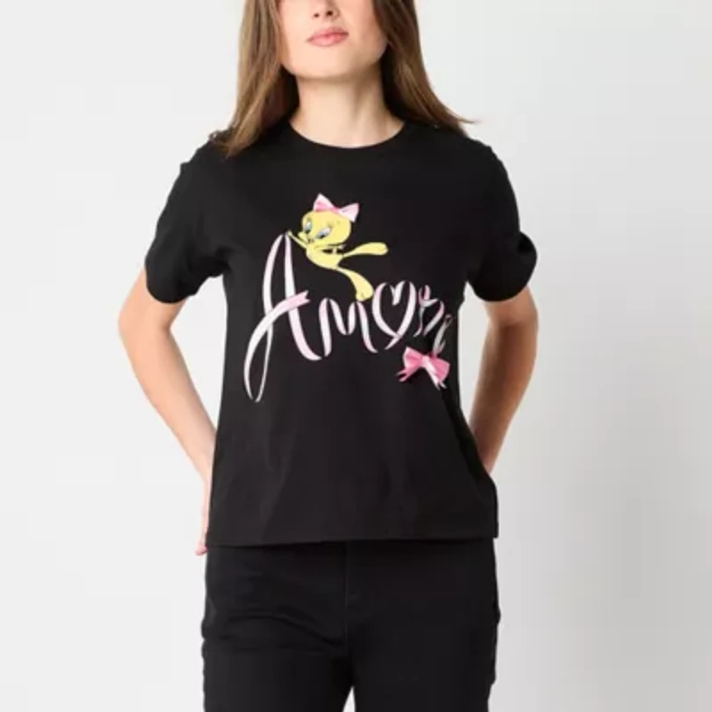 Tweety Amore Bows Relaxed Cropped Tee Womens Crew Neck Short Sleeve Loose Fit Juniors Graphic T-Shirt