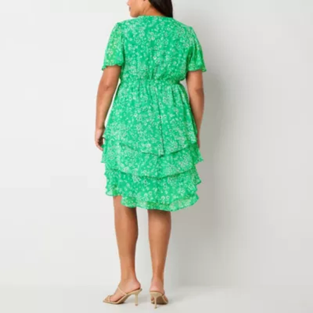 Studio 1 Womens Short Sleeve Floral Midi Plus Fit + Flare Dress