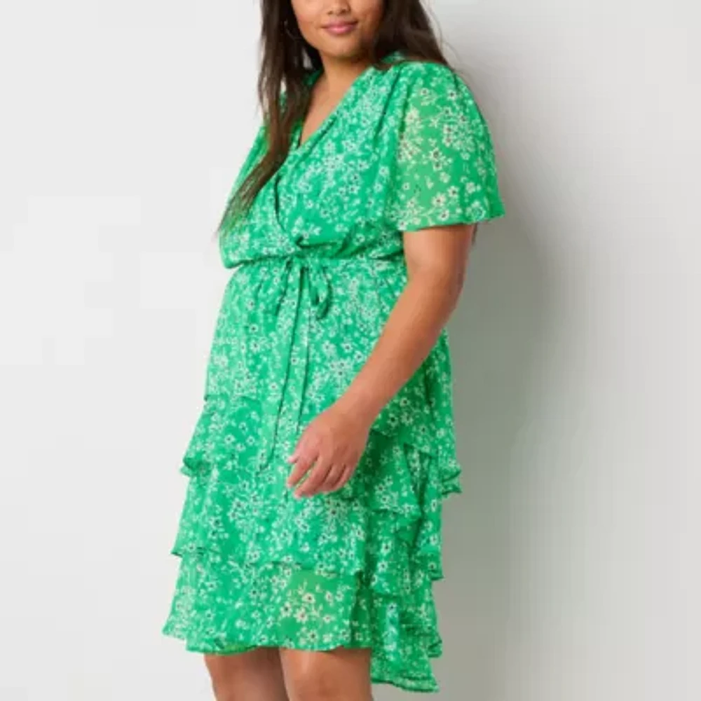 Studio 1 Womens Short Sleeve Floral Midi Plus Fit + Flare Dress