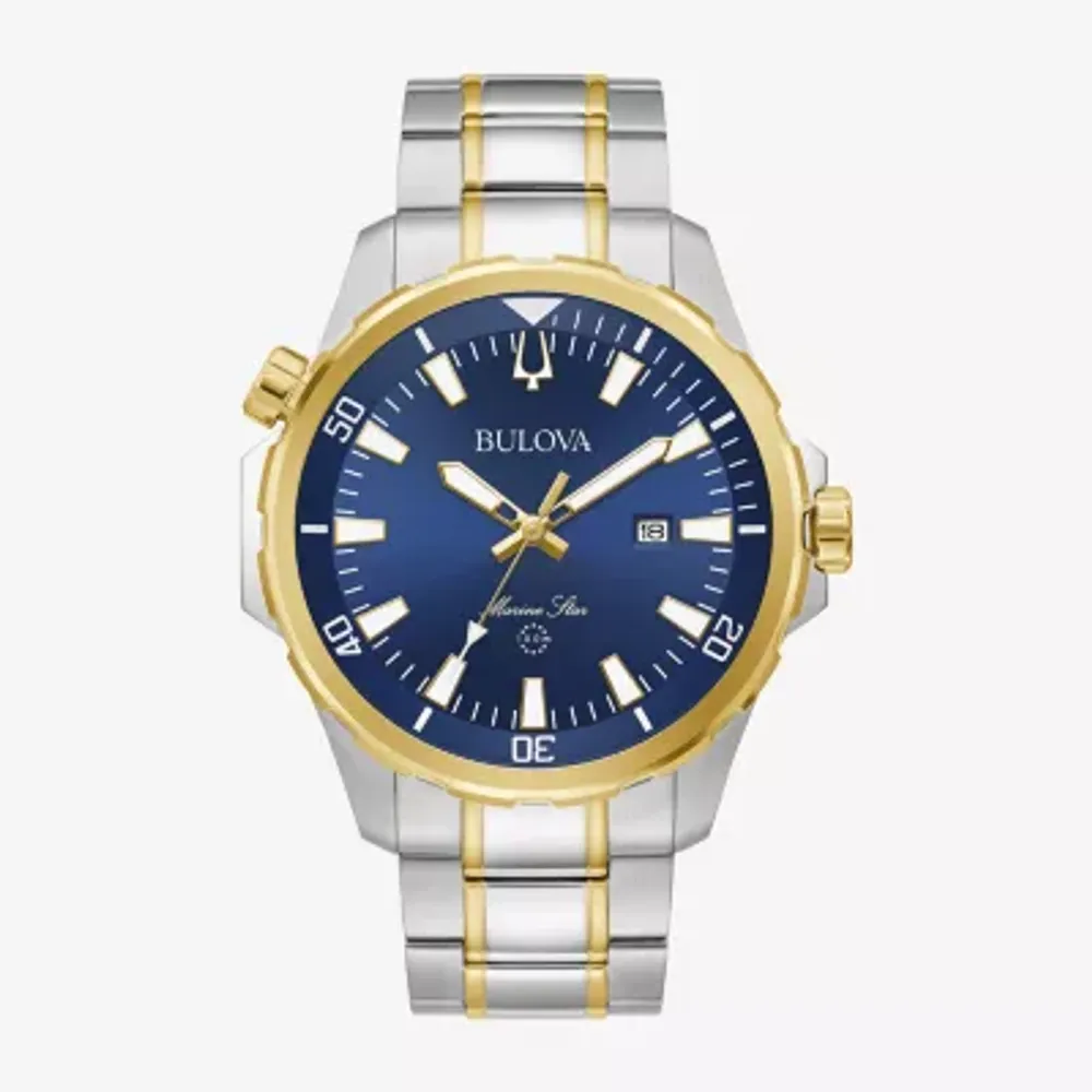 Bulova Marine Star Mens Two Tone Stainless Steel Leather Bracelet Watch 98b384