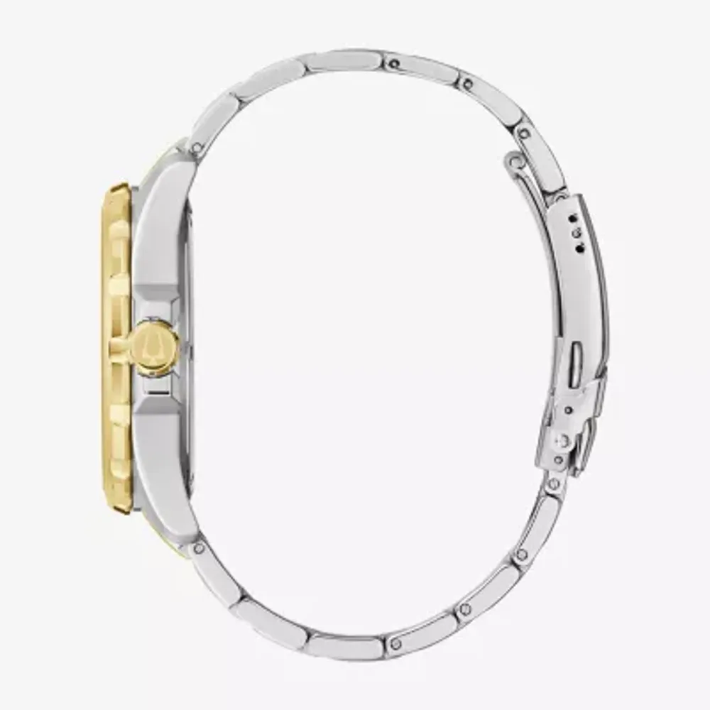 Bulova Marine Star Mens Two Tone Stainless Steel Leather Bracelet Watch 98b384