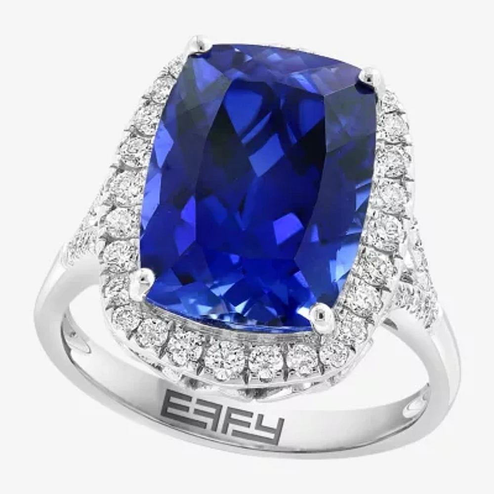 Effy Womens 1/2 CT. T.W. Lab Created Blue Sapphire 14K White Gold Cushion Halo Cocktail Ring