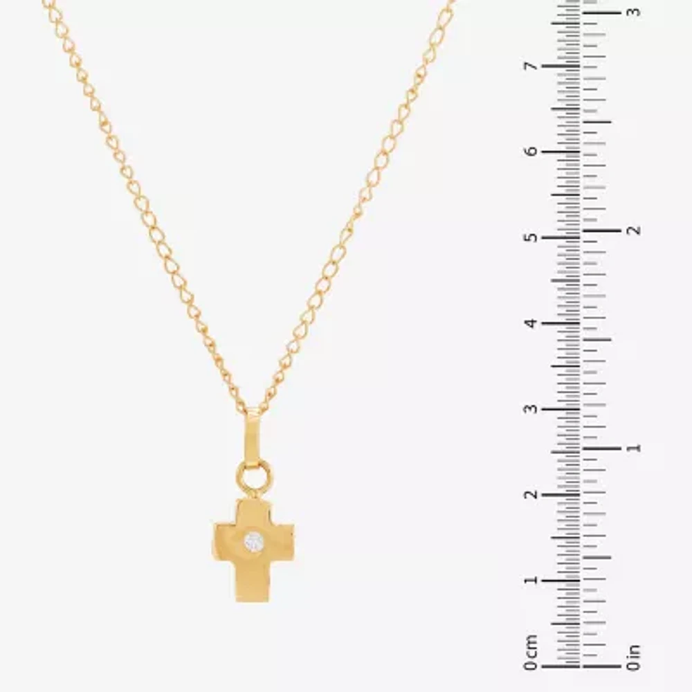 Girls White Diamond 14K Gold Cross 13 Inch Pendant Necklace