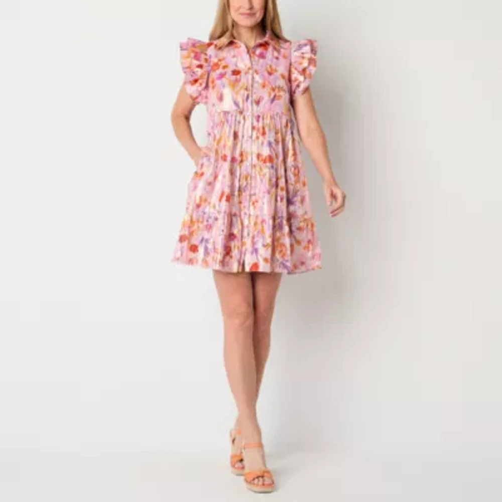 Melonie T Womens Short Sleeve Floral Babydoll Dress