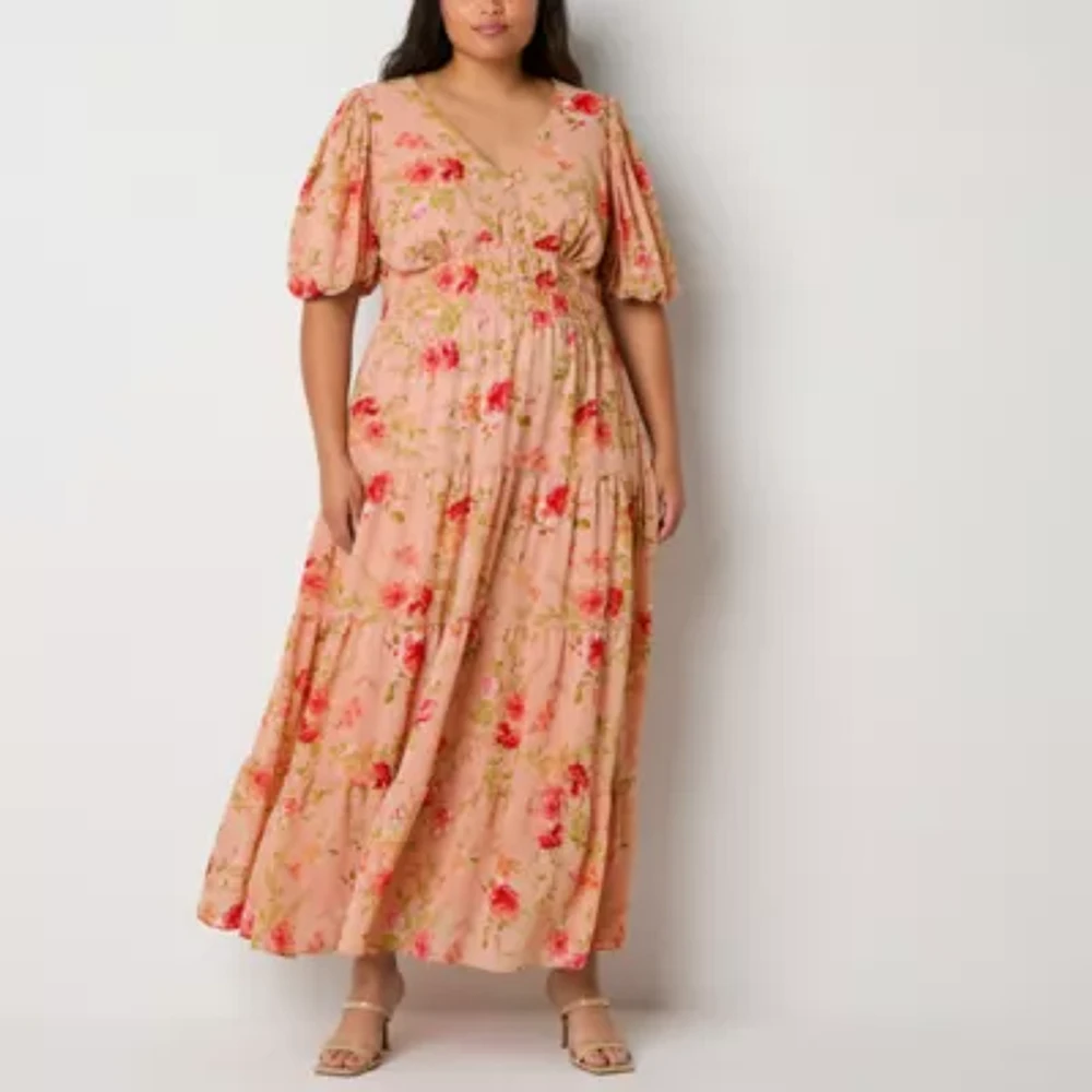 Melonie T Womens Short Sleeve Floral Plus Maxi Dress