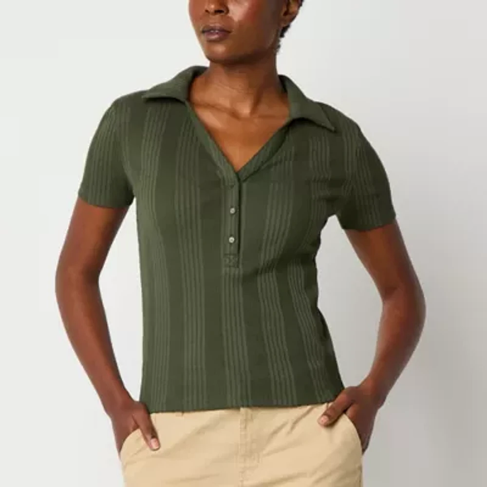 a.n.a Ribbed Womens V Neck Short Sleeve Rib Polo Shirt
