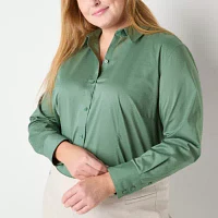 Liz Claiborne Womens Wrinkle Free Stretch Fabric Long Sleeve Vent Regular Fit Plus Button-Down Shirt