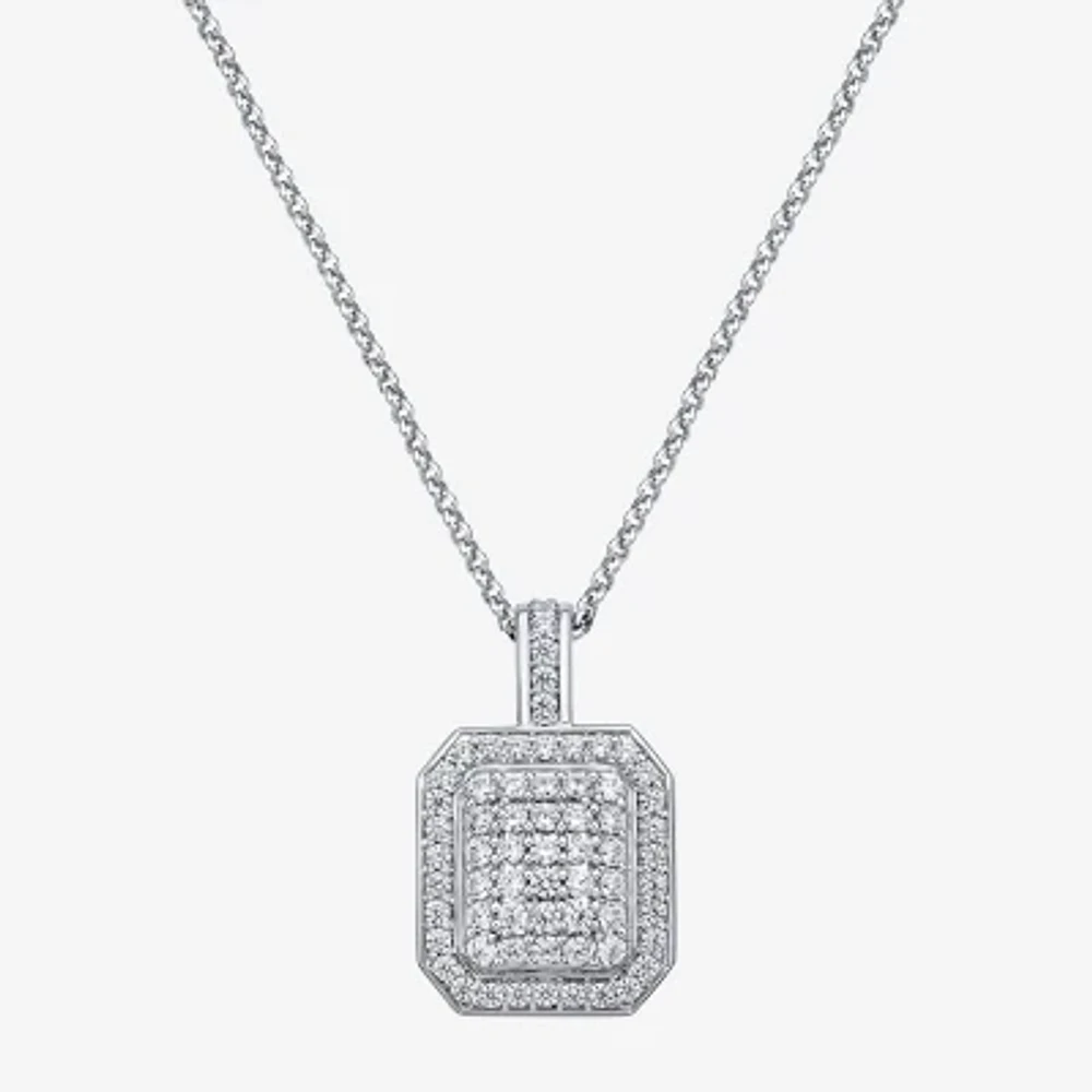 Mens 2 CT. T.W. Natural White Diamond 14K White Gold Cushion 22 Inch Pendant Necklace
