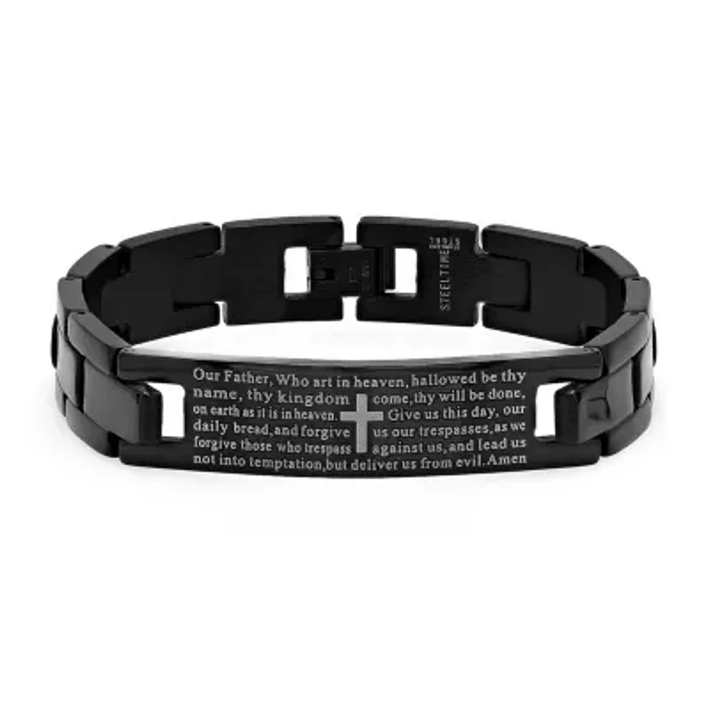 Steeltime Lord'S Prayer Black Ion Plated Mens Stainless Steel Solid Hypoallergenic 8 Inch Link Bracelet