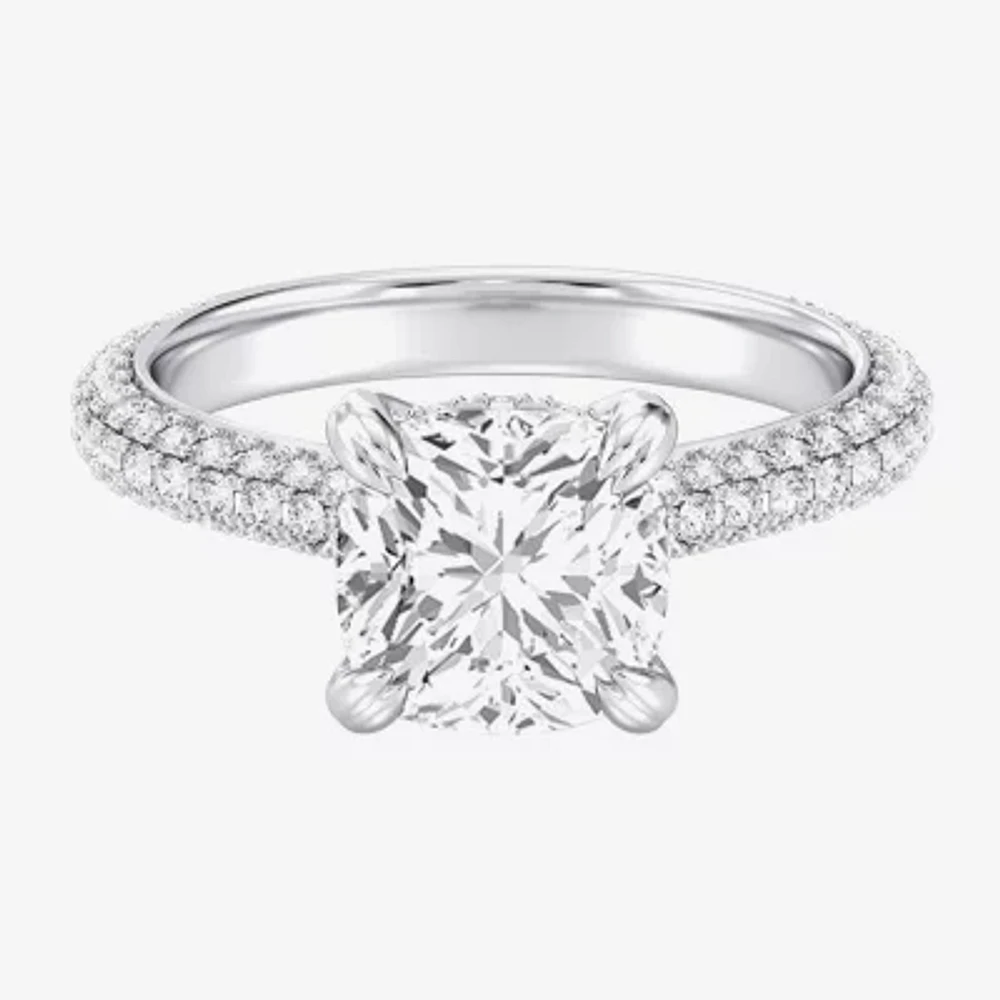 (G / Si2) Womens 4 CT. T.W. Lab Grown White Diamond 10K Gold Cushion Side Stone Engagement Ring