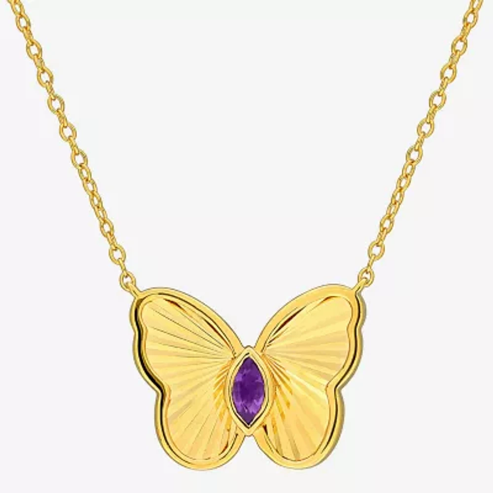 Womens Genuine Purple Amethyst 18K Gold Over Silver Butterfly 17 Inch Pendant Necklace