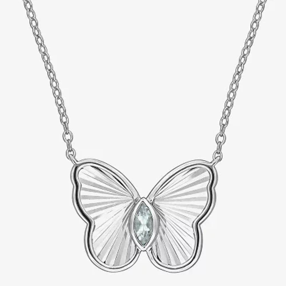 Womens Genuine Blue Aquamarine Sterling Silver Butterfly 17 Inch Pendant Necklace