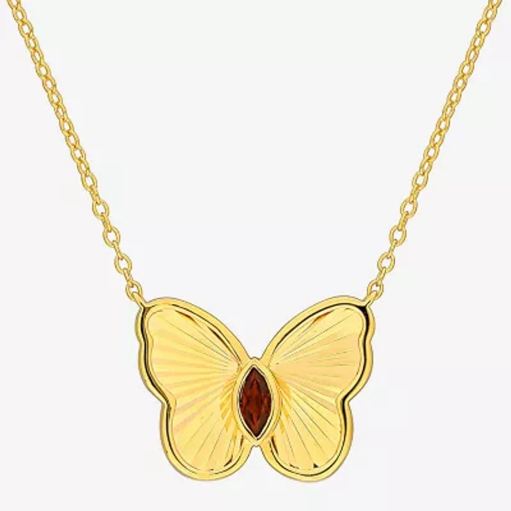 Womens Genuine Red Garnet 18K Gold Over Silver Butterfly 17 Inch Pendant Necklace