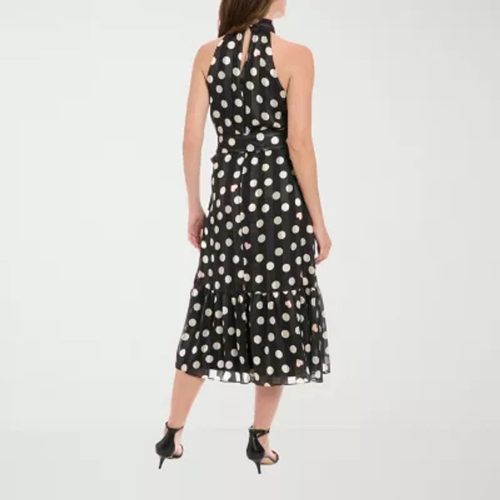 London Style Womens Sleeveless Dots Midi Petite Fit + Flare Dress