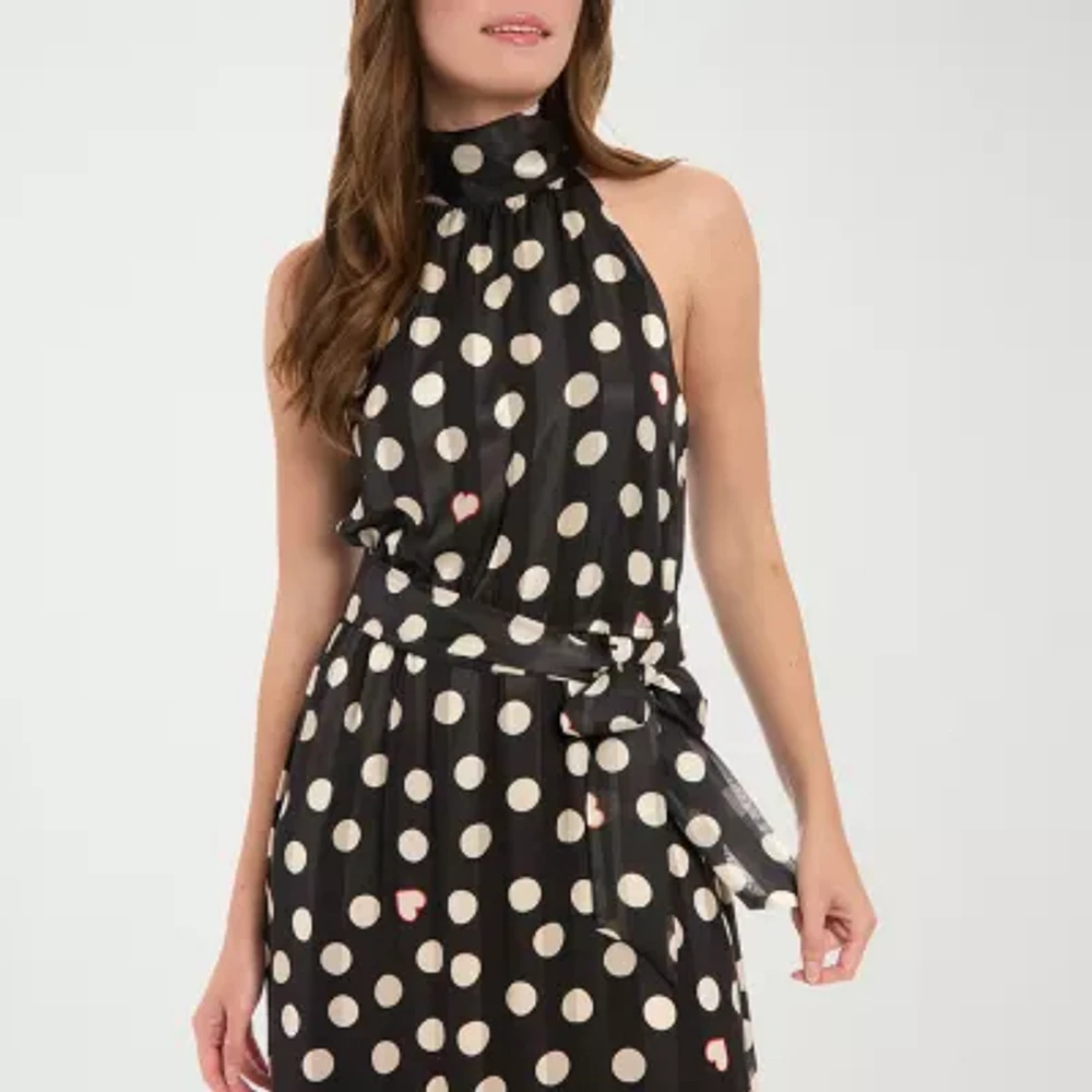 London Style Womens Sleeveless Dots Midi Petite Fit + Flare Dress
