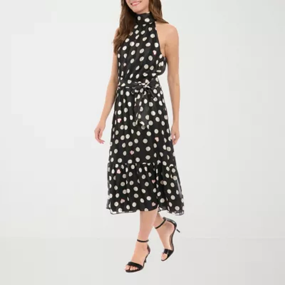 London Style Womens Sleeveless Dots Midi Petite Fit + Flare Dress