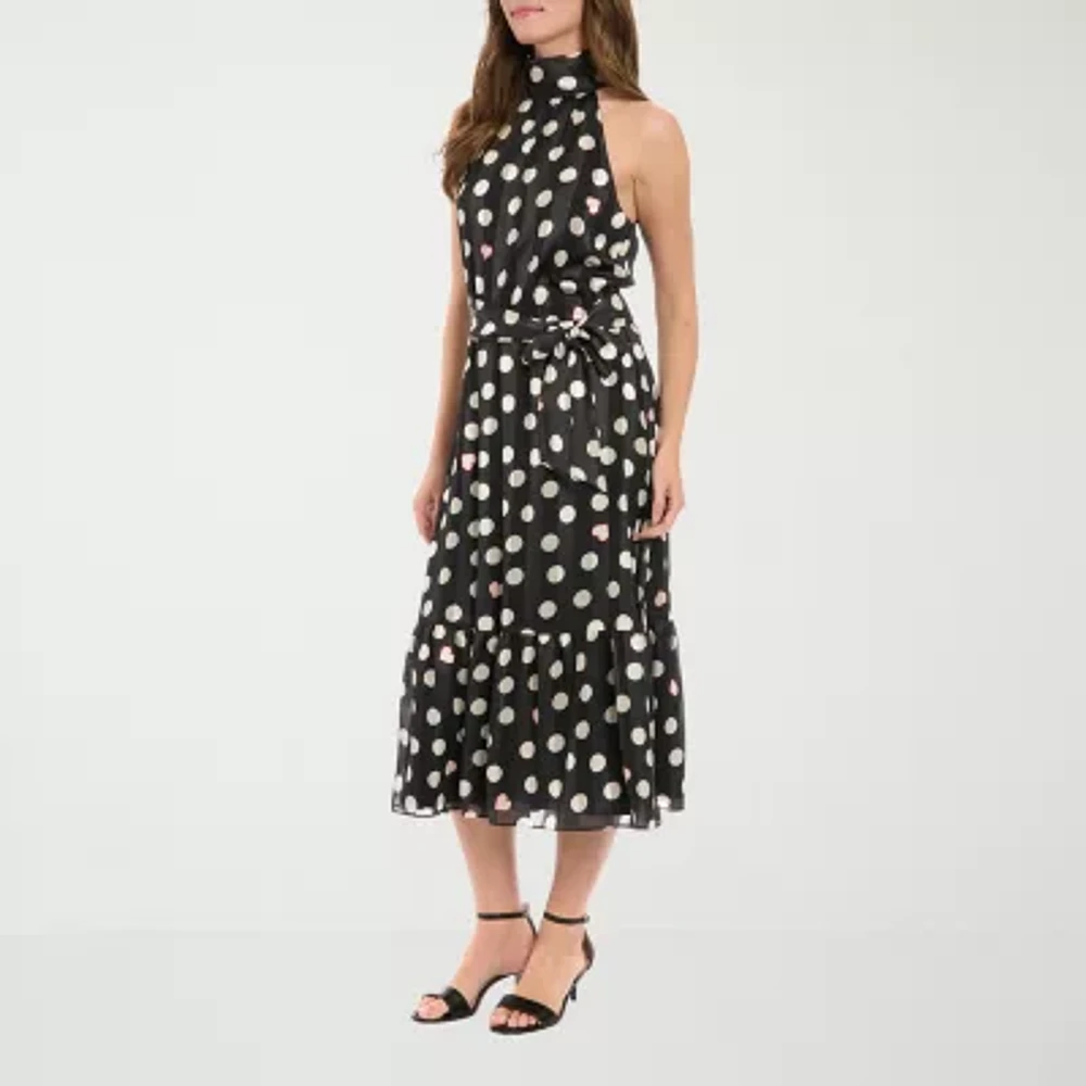 London Style Womens Sleeveless Dots Midi Petite Fit + Flare Dress