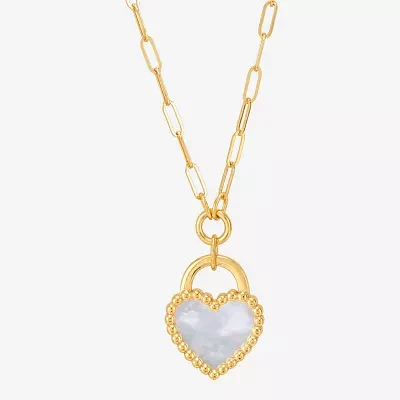 Womens Genuine White Mother Of Pearl 14K Gold Heart 18 Inch Pendant Necklace