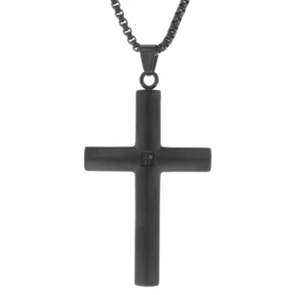 Mens Black Cubic Zirconia Stainless Steel Cross 24 Inch Pendant Necklace