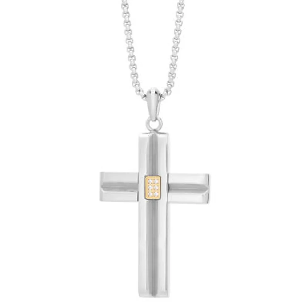 Mens Cubic Zirconia Stainless Steel Cross 24 Inch Pendant Necklace