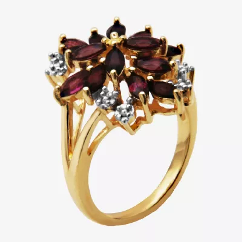 Womens Genuine Red Garnet 18K Gold Over Silver Flower Cluster Cocktail Ring