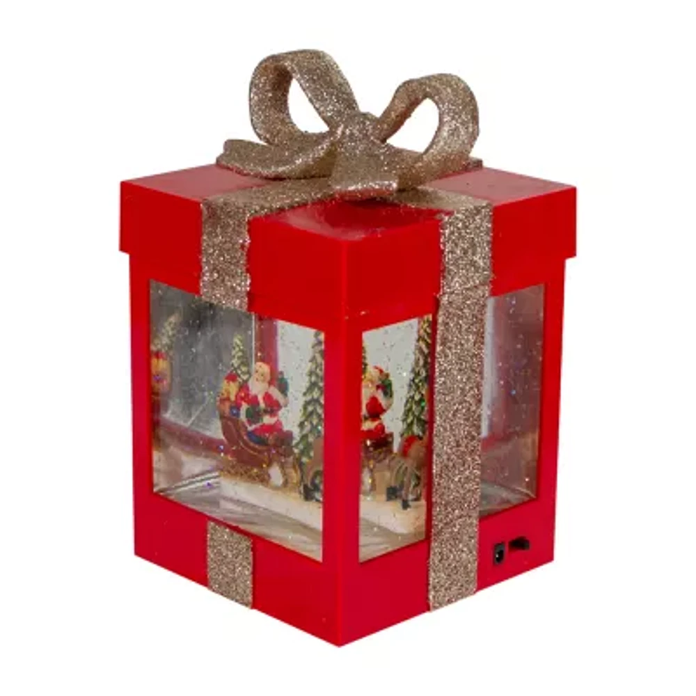 Northlight 7in Red Gift Box With Reindeer Santa Christmas Snow Globe