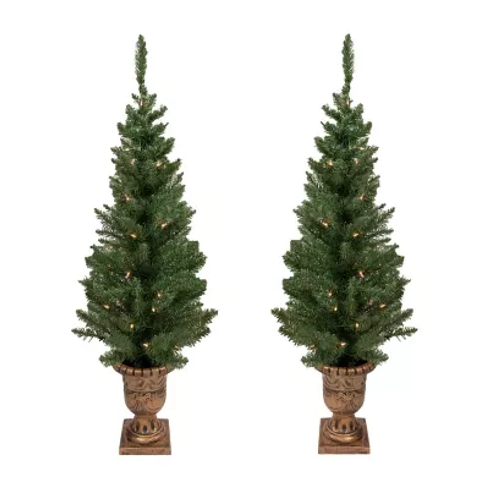 Northlight Set Of 2 Potted Porch Topiary Slim Artificial Clear Lights 4 Foot Pre-Lit Pine Christmas Tree