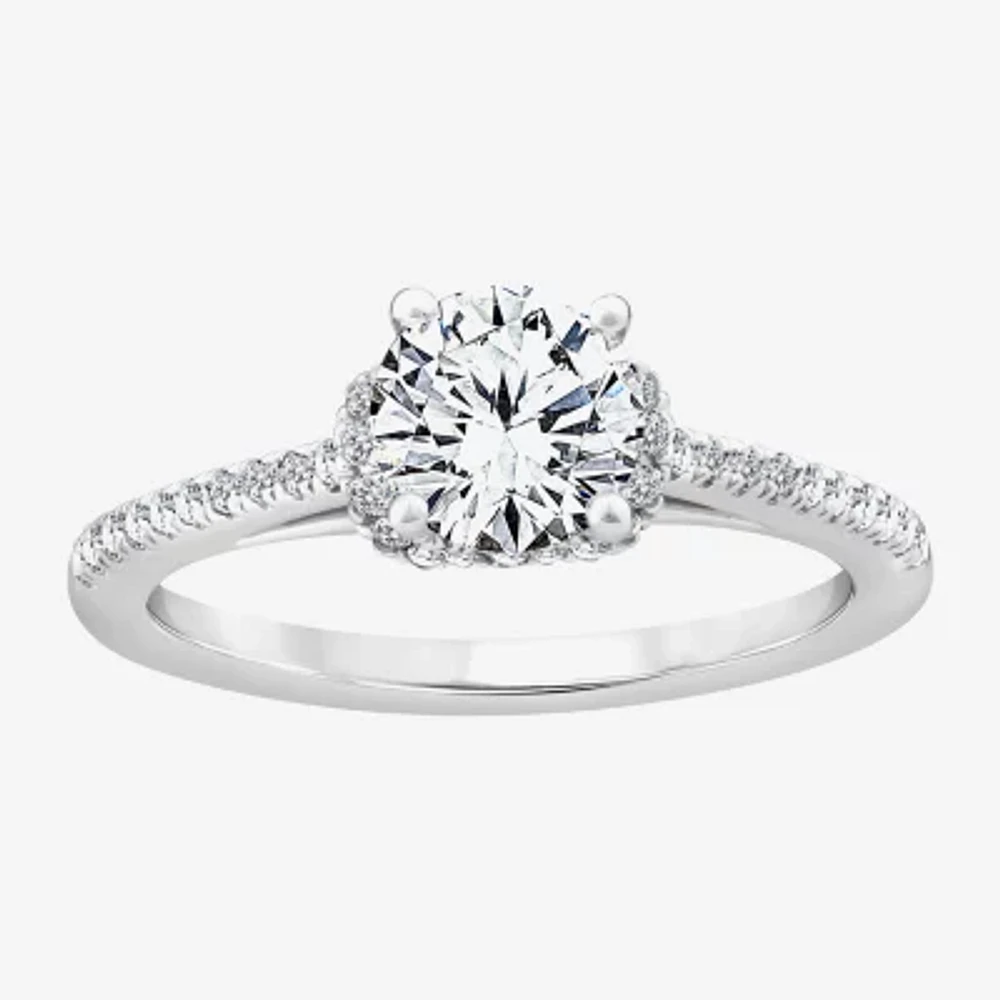 (F / Vs2) Womens 1 1/4 CT. T.W. Lab Grown White Diamond 10K Gold Round Side Stone Halo Engagement Ring