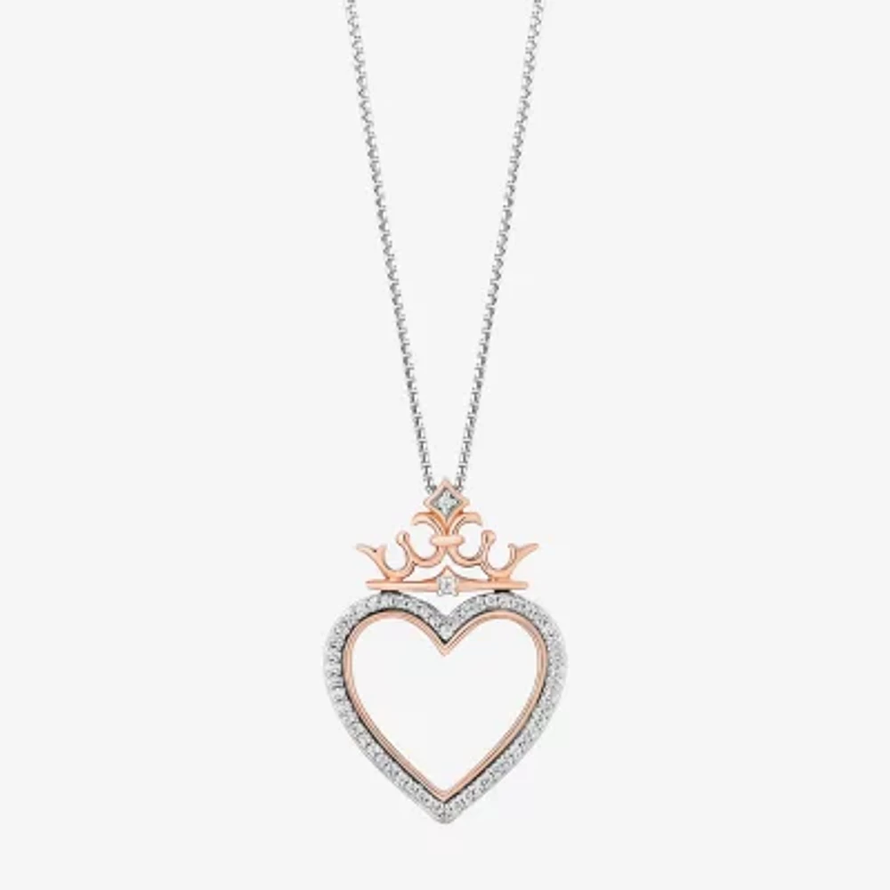 Enchanted Disney Fine Jewelry Womens 1/8 CT. T.W. Natural White Diamond 14K Rose Gold Over Silver Sterling Silver Crown Heart 18 Inch Pendant Necklace